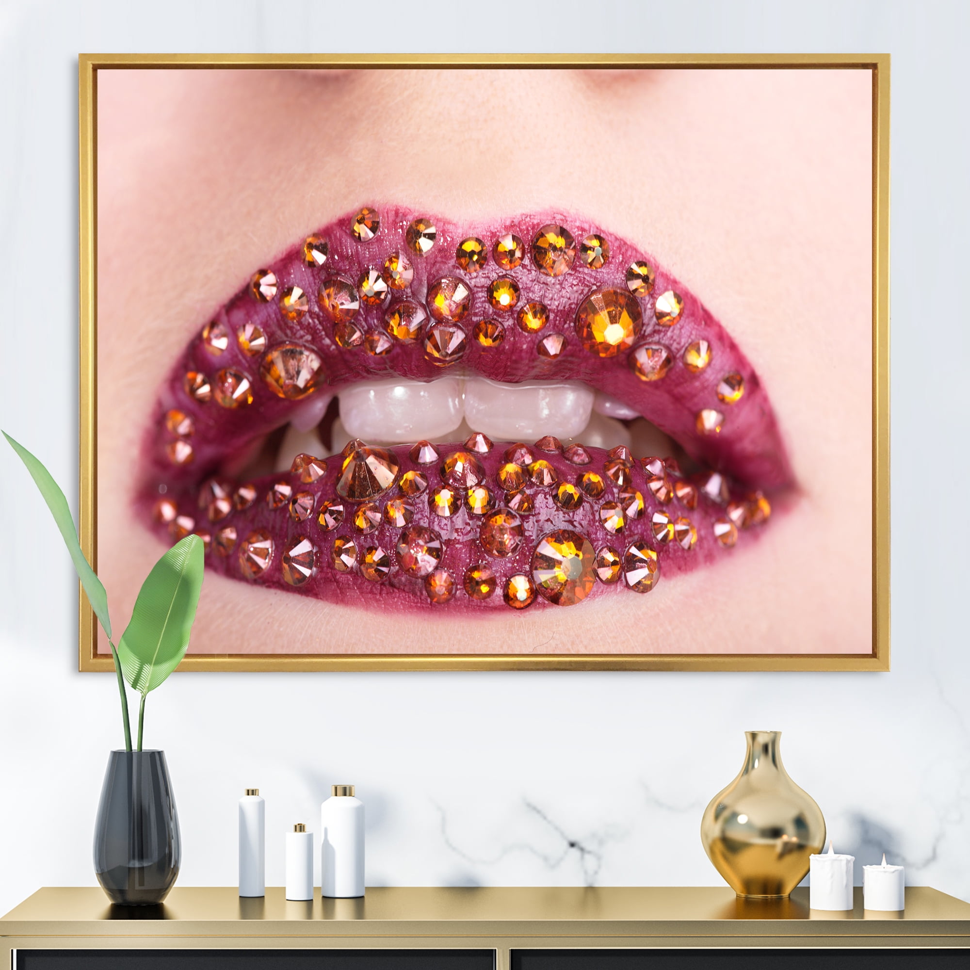 Designart 'Close-Up Of Girl Lips With Sequins' Modern Framed Canvas Wall Art Print