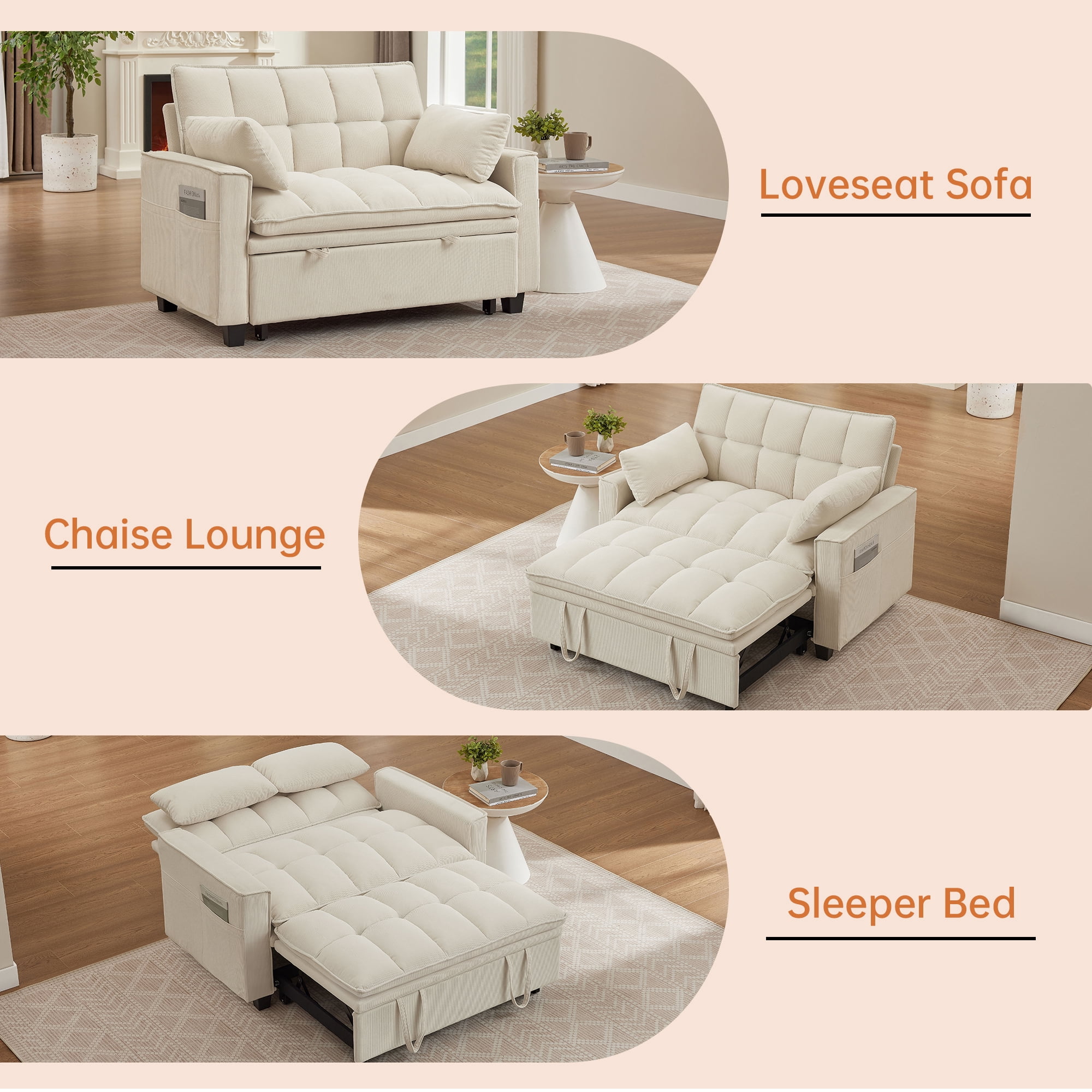 Soscana Convertible Sofa Bed Loveseat with Adjustable Backrest,3 in 1 Sleeper Sofa Pull Out Bed Reclining Couch with 2 Lumbar Cushions and Storage Side Pockets for Living Room,Apt,Office,Studio