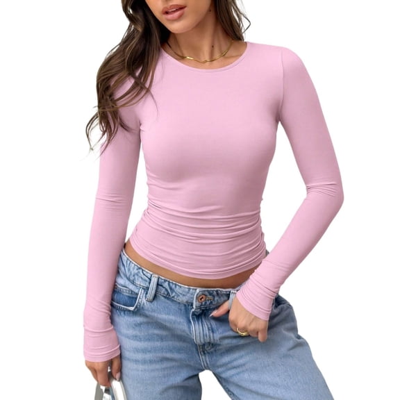 Womens Elegant Round Neck Long Sleeve Ruched Slimming Fit T-Shirt, Summer Blouse For Women