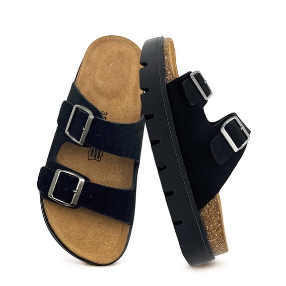 Genuine Leather Flat Sandals For Women Thick-soled Cork Footbed, Slip On Clog Mules With Adjustable Double Buckle, Open Toe Flat Slide Shoes, Summer Outdoor Back Strap Slides