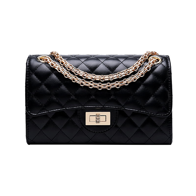Quilted Crossbody Bags for Women Leather Ladies Shoulder Purses with Chain  Strap Stylish Clutch Purse Light gold chain 26*8*16cm black M