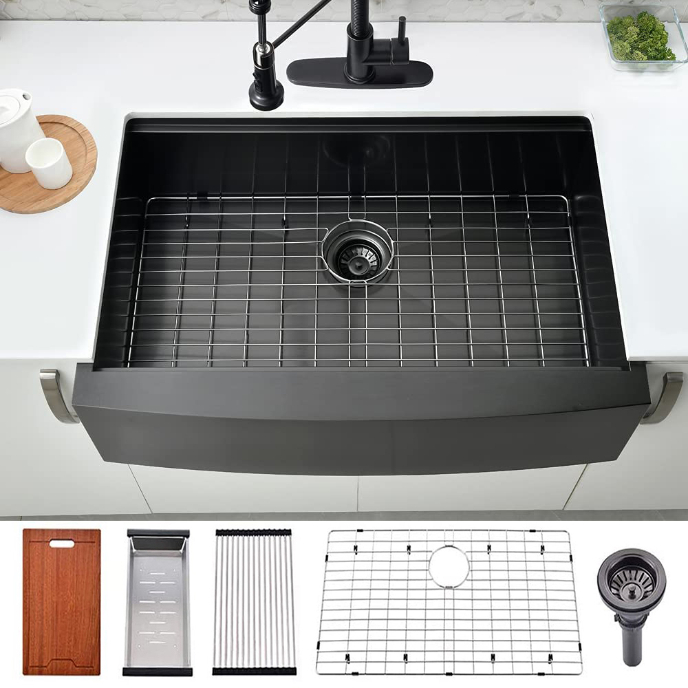 Bokaiya 33 inch Matte Black Farmhouse Kitchen Sink Workstation 16 Gauge