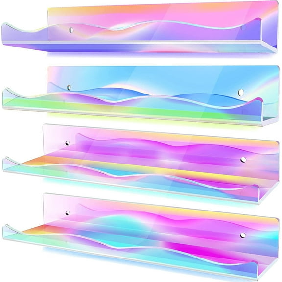 Openpig 2 Pcs Iridescent Nail Polish Wall Mounted Organizer, Rainbow Floating Shelves, Acrylic Nail Polish Wall Rack for Paint, Essential Oils, Makeup Storage Display Stand