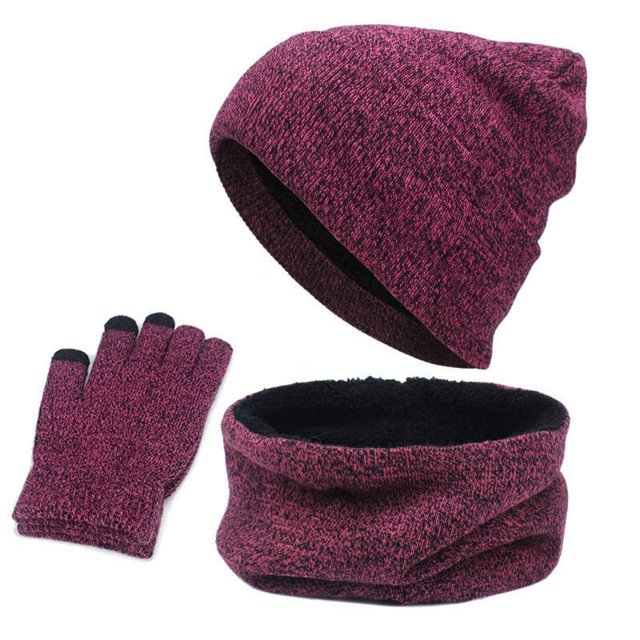 Traje cálido de terciopelo de tres piezas, gorro de invierno, bufanda y guantes para pantalla táctil.