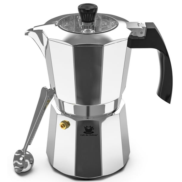 Espresso Maker by Cafe Du Chateau () Transparent Top Lid, High Gloss  Finish, Free Coffee Clip Spoon, Coffee Percolator 