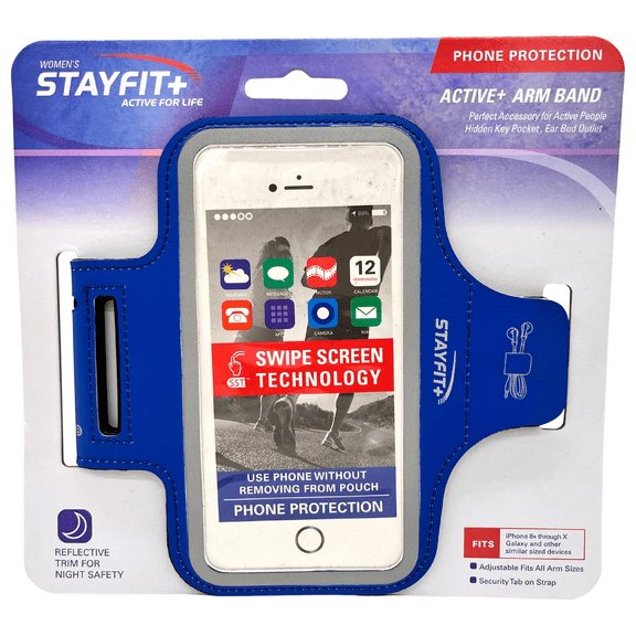 Blue Active Armband, Hands Free Phone Wallet with Swipe Screen Access, Earphone Storage, Reflective Trim for Night Safety, Fits Standard Phones, Ideal for Travel, Exercise or Shopping, Hang Card