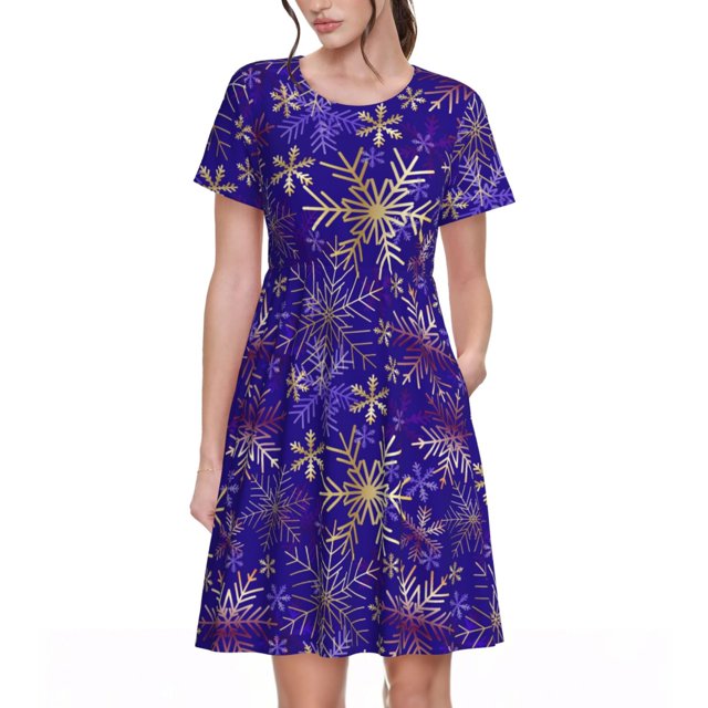 Disketp blue purple Snowflake para Vestido de Manga Corta para Mujeres, Vestidos de Verano para Mujeres, Casual y Holgado para la Playa