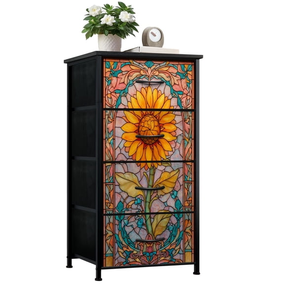 Dresser for Bedroom with 4 Storage Drawers Vibrant Stained Glass Style Sunflower Artwork Spring Colors Dressers Chest of Drawers Steel Framed Fabric Closet Organizers for Dorm Entryway