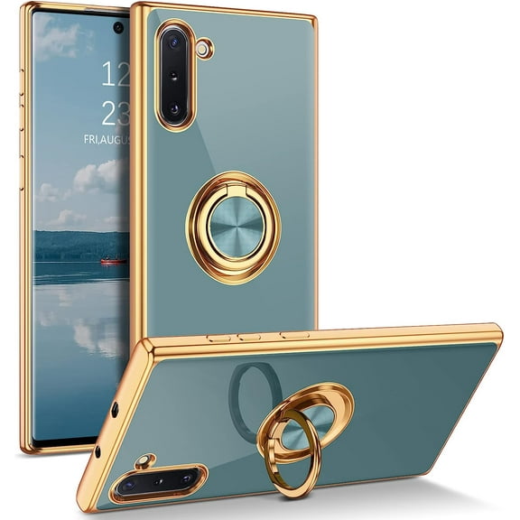 for Samsung Galaxy Note 10 Case with Ring Holder Kickstand 360 Degree Rotation Magnetic Car Finger Soft TPU Slim Cover Shockproof Full Body Phone Case for Samsung Note 10 6.3", Gray Green