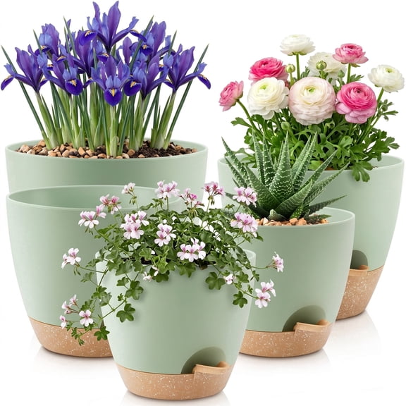 Set of 5 Self Watering Planters (7", 6.5", 6", 5.5", 5"), Plastic Plant Pots with Drainage & Saucers, Modern Matte Finish Flower Pots for Indoor & Outdoor Plants, Snake Plant & Monstera