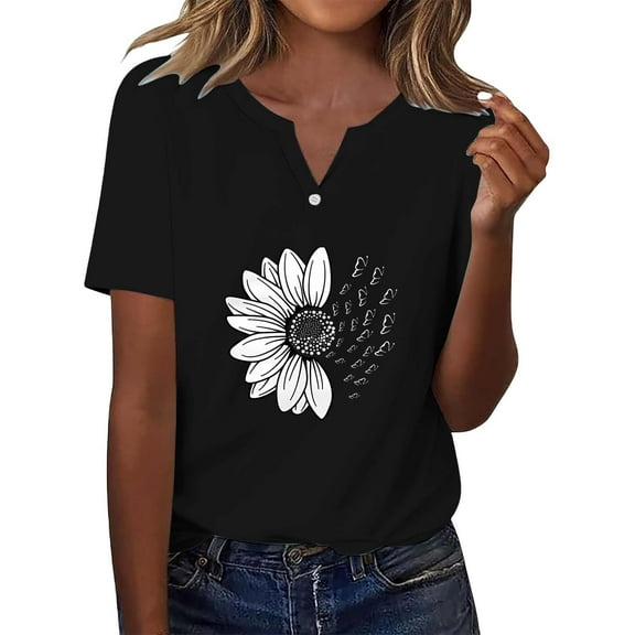 nochalofo Black V-Neck Casual Graphic Tees for Women, Short Sleeved T Shirt Top Fashionable Casual Short Sleeved Shirt