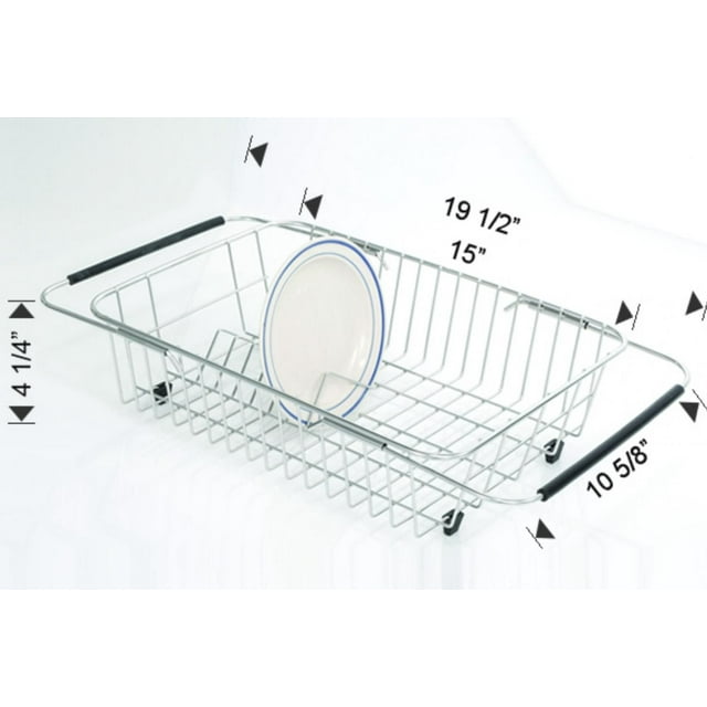 Metal kitchen plate rack measuring 19.5 by 15 inches, holding one white plate with blue rim, featuring black handles and small feet.