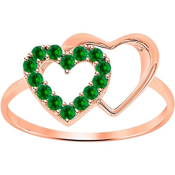 925 Sterling Silver 14K Rose Gold Plating Round Cut Gemstone Green Emerald Double Heart Shape Valentine's Day Special Engagement Ring For Women