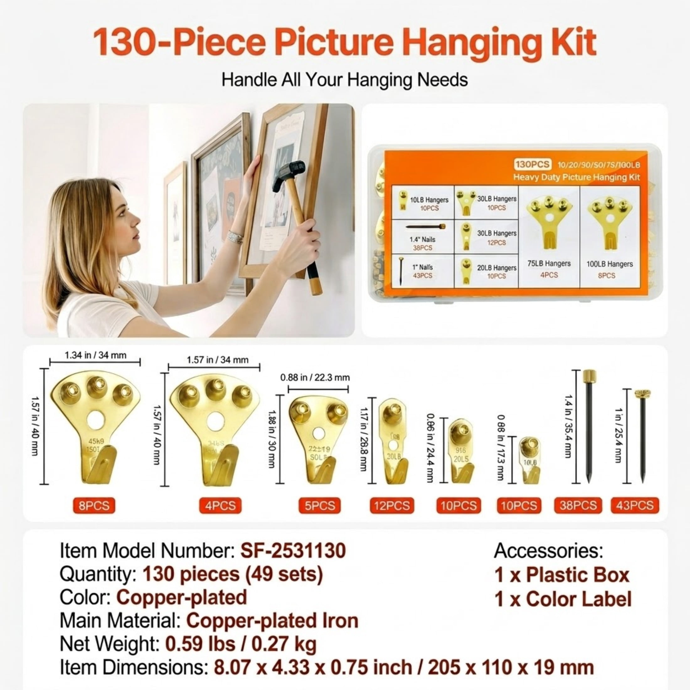 130-Piece Picture Hanging Kit, 10lb to 100lb Heavy Duty Metal Hooks with Nails, Gold