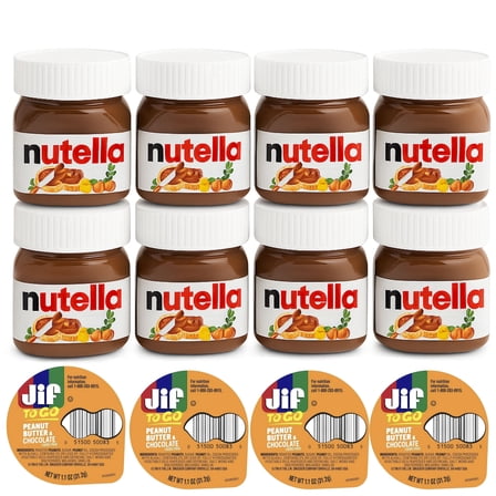 Nutella Mini Jars & Jif To Go Chocolate Snack Pack, 12 Count – Includes 8 Nutella Hazelnut Spread 1 oz & 4 Jif To Go Peanut Butter Chocolate 1 oz Cups | Perfect for Lunchboxes, Snacks & On-the-Go