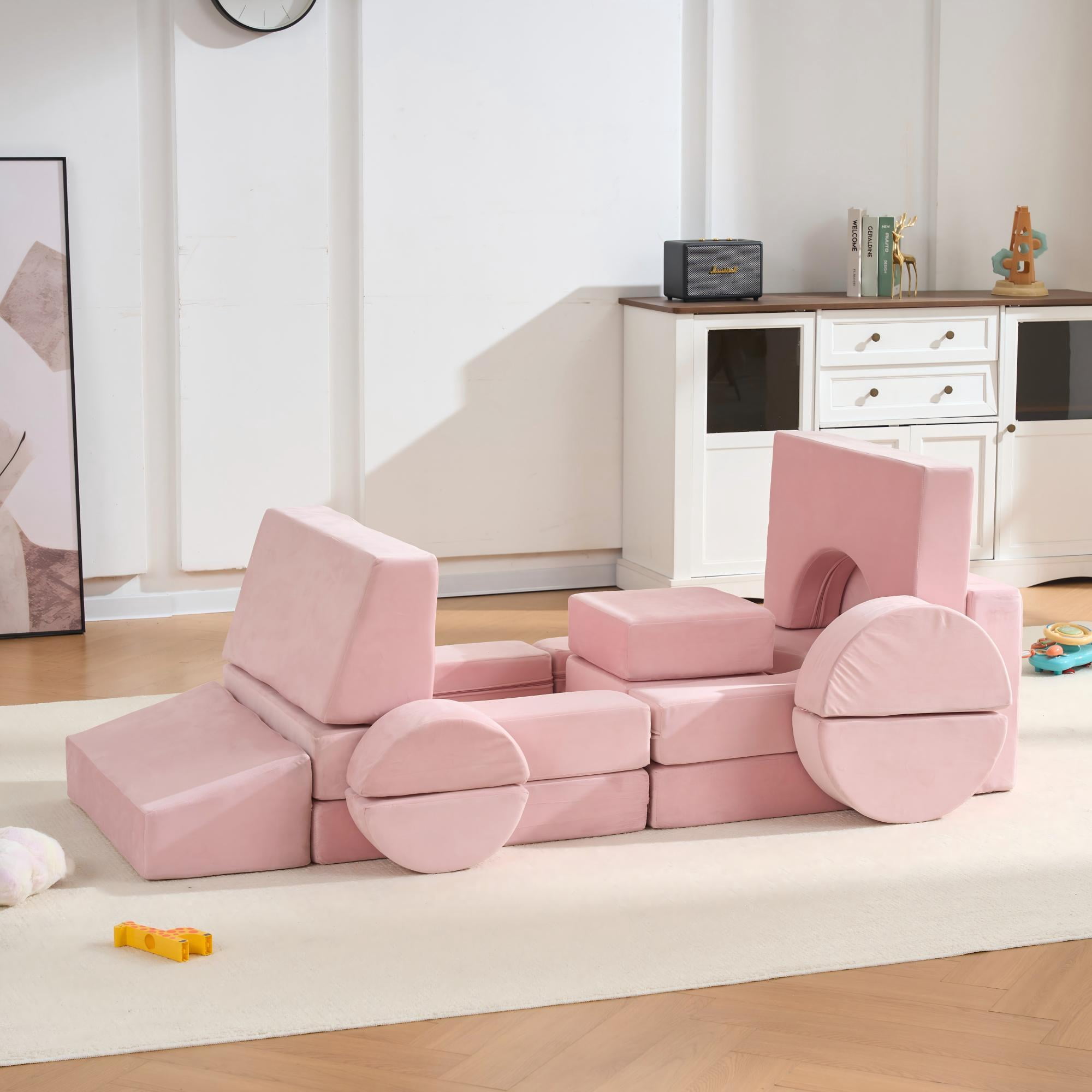 MAYEERTY 14PCS Modular Kids Play Couch, Convertible Foam Sectional Sofa, Washable Cover Toddler Building Blocks Playset for Playroom Bedroom, Pink
