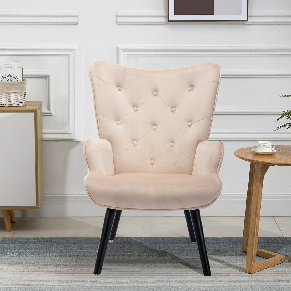 Modern Tufted Button Wingback Vanity Chair with Arms and Solid Wood