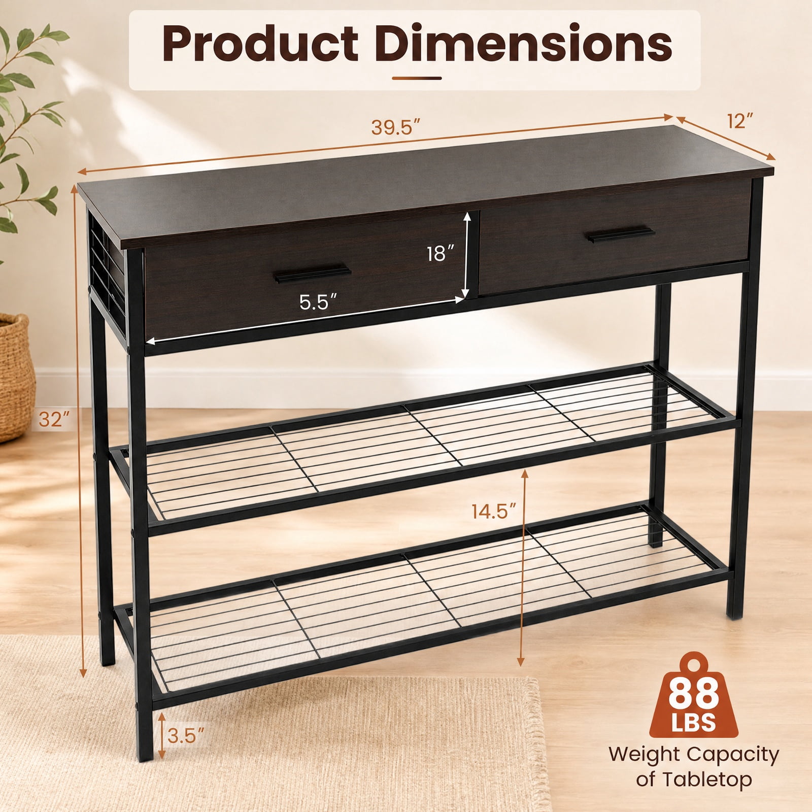 Furnibear 39.5 Inch Entryway Console Table with 2 Drawers and 2-Tier Metal Shelves for Living Room Hallway and Behind Sofa Storage, Dark Brown