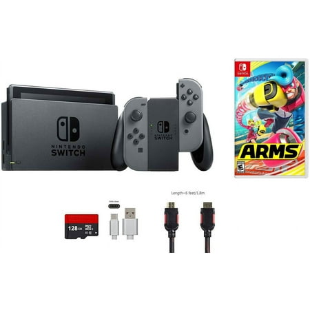 Nintendo Switch Bundle (6 items): 32GB Console Gray Joy-con, 128GB Micro SD Card, Game Disc-ARMS, Type C Cable, HDMI Cable