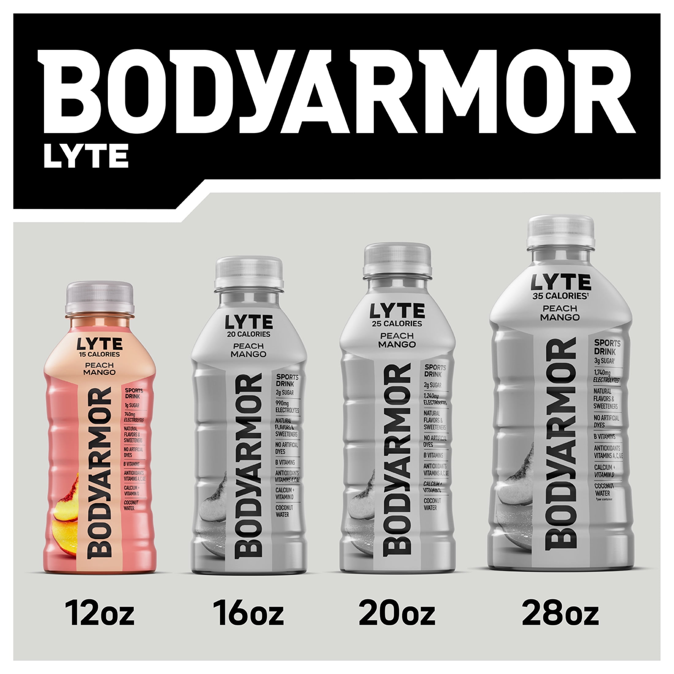 BODYARMOR Lyte Peach Mango Electrolyte Sports Drink Bottles, 12 fl oz, 8 Pack