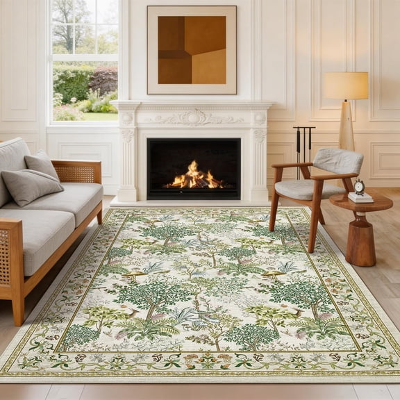 Garvee 5'x7' Vintage Floral Area Rug Botanical Animals Printed Carpet, Washable Non Slip Indoor Mat for Living Room Bedroom Home Decor, Camel