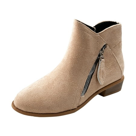 

Fashion Women Flock Solid Color Autumn Thick Sole Square Heels Zipper Short Booties Round Toe Shoes