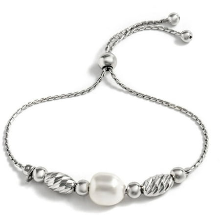 PORI Jewelers Freshwater Pearl Sterling Silver Diamond-Cut Oval Adjustable Bracelet