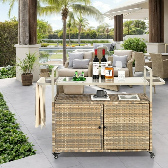 Olurrisa Outdoor Bar Table, Wicker Bar Cart with Cabinet, Patio Serving Cart with steel Top, with one ice bucket,Lockable Wheels, Side Basket for Garden, Poolside & Backyard, Beige