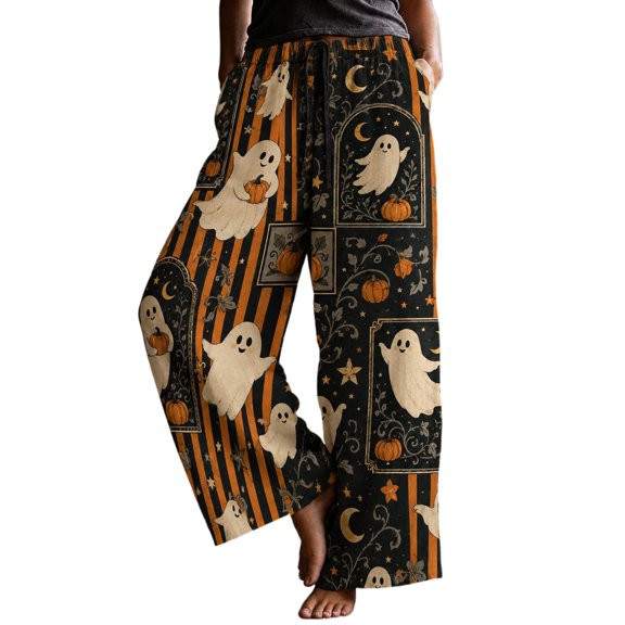 JIAYUE Women Halloween Pants Casual Graphic Printed Drawstring Waist Wide Leg Long Bottoms for Outdoor Sport Street Wear