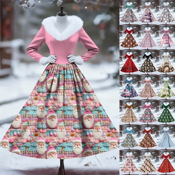 Yucgh Women's Casual Dress Long Sleeve V Neck Patchwork Fleece Christmas Print Dress, Holiday Party Swing Maxi Dress, Retro Floral Print Dress for Women,L