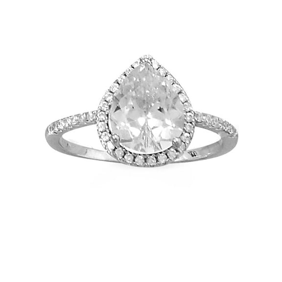 Pear Shape Halo Ring Cubic Zirconia Band Rhodium on Sterling Silver