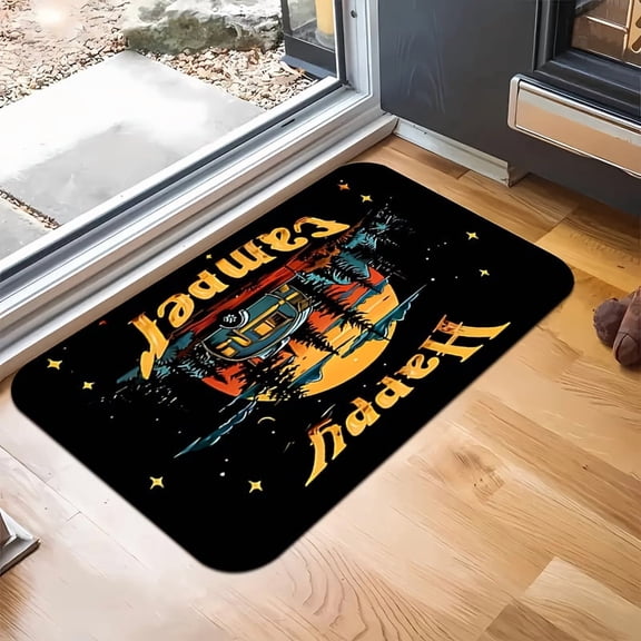 Happy Camper RV Pattern Non-Slip Door Mat - Machine Washable, Suitable for Indoor/Outdoor Use, Ideal for RV Entrances and Camping Decor - The Perfect Gift for RV Owners, Camping Mat