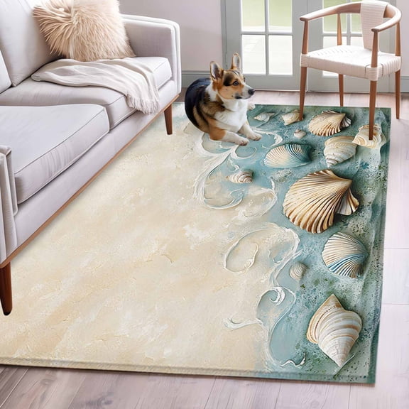 Coastal Shell Area Rug 3x5 Washable Rug Non Slip Summer Beach Nautical Seaside Large Area Rug Indoor Floor Carpet for Entryway Bedroom Kitchen Living Room Home Office Dining Room Nursery