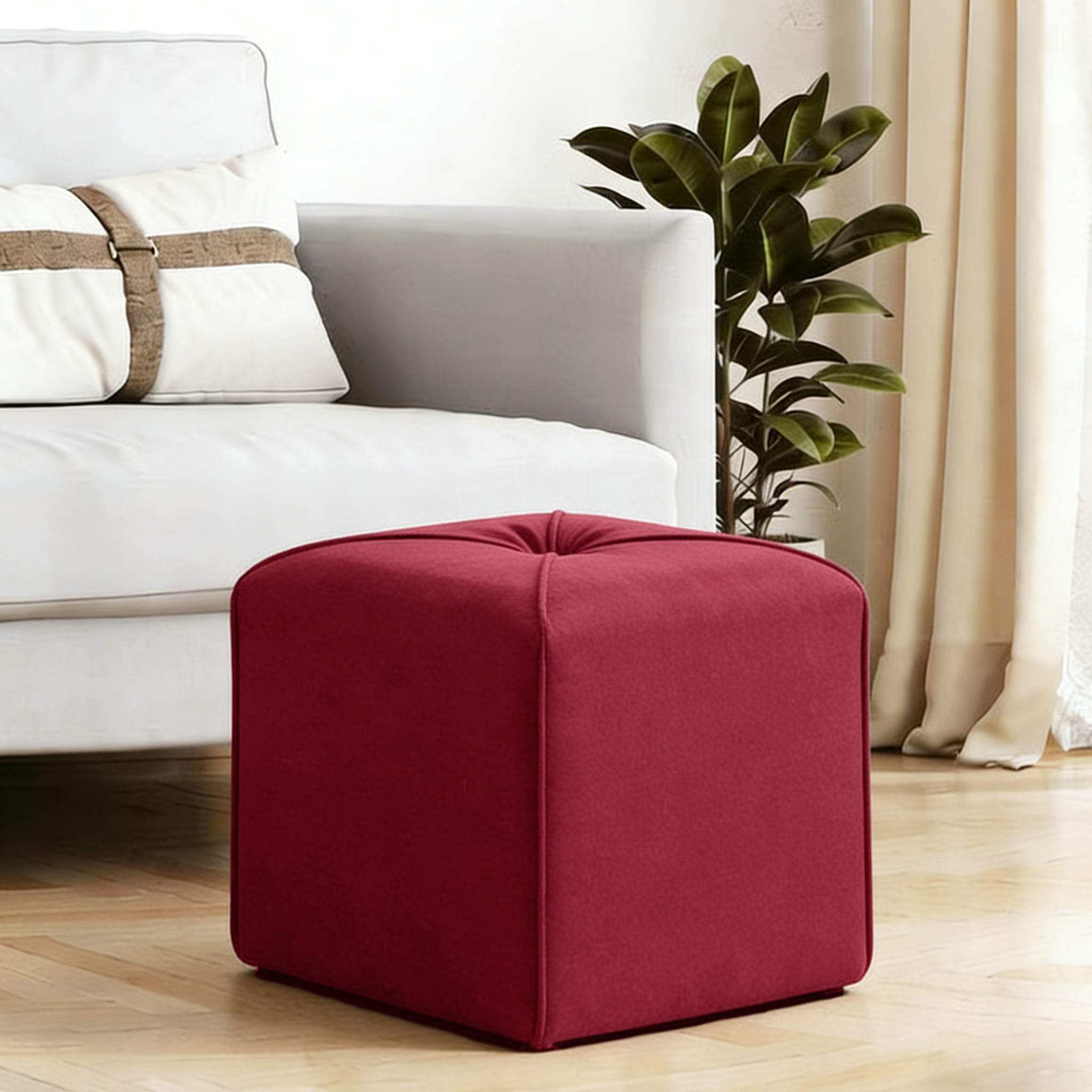 Gewnee 16.54" Square Linen Upholstered Ottoman Footrest For Home Office Red