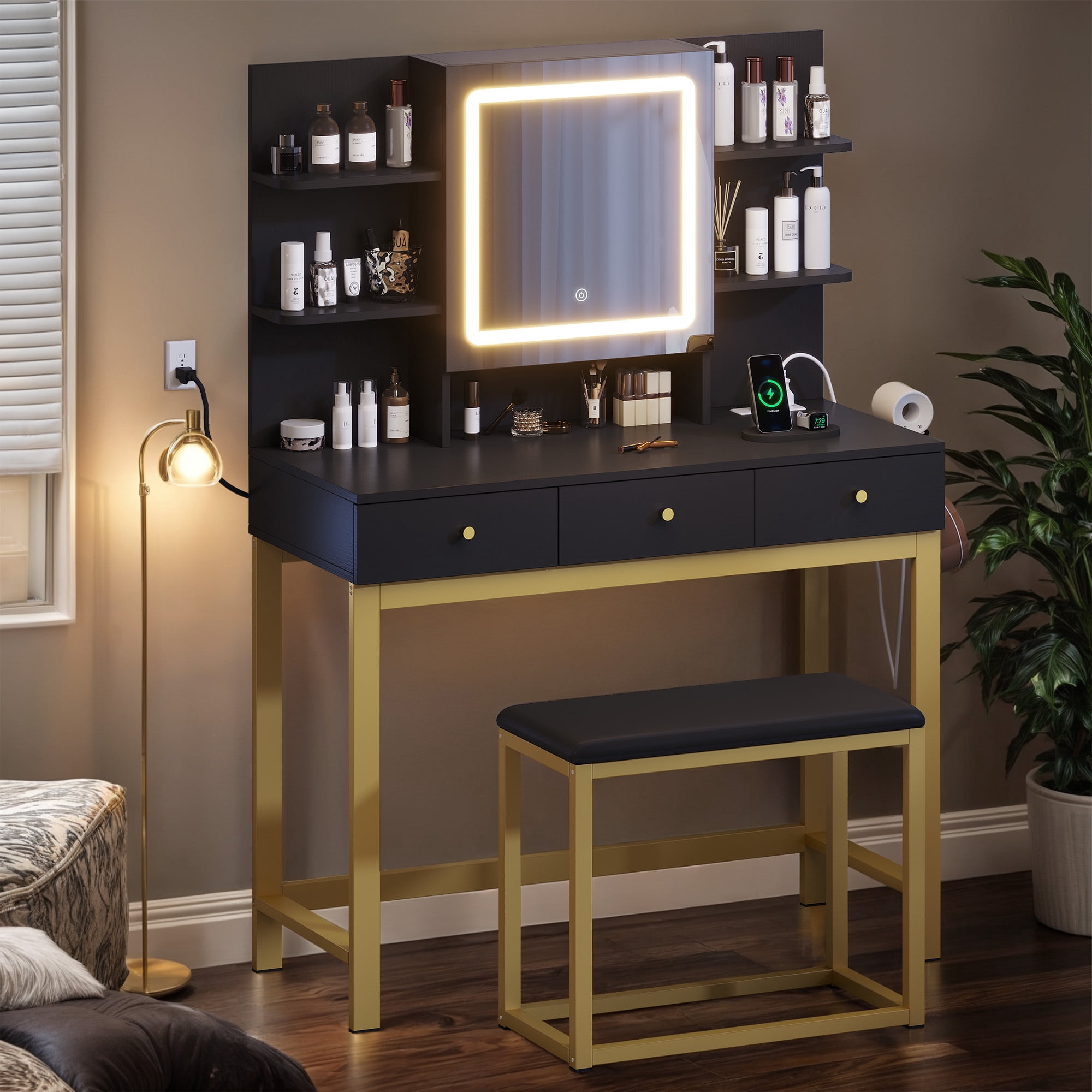 Uforic Makeup Vanity Set with LED Lighted Mirror, Makeup Desk with Drawers & Stool, Vanity Dressing Table with Hidden Storage Shelves, Makeup Dressing Table Set for Girls,Princess, Black