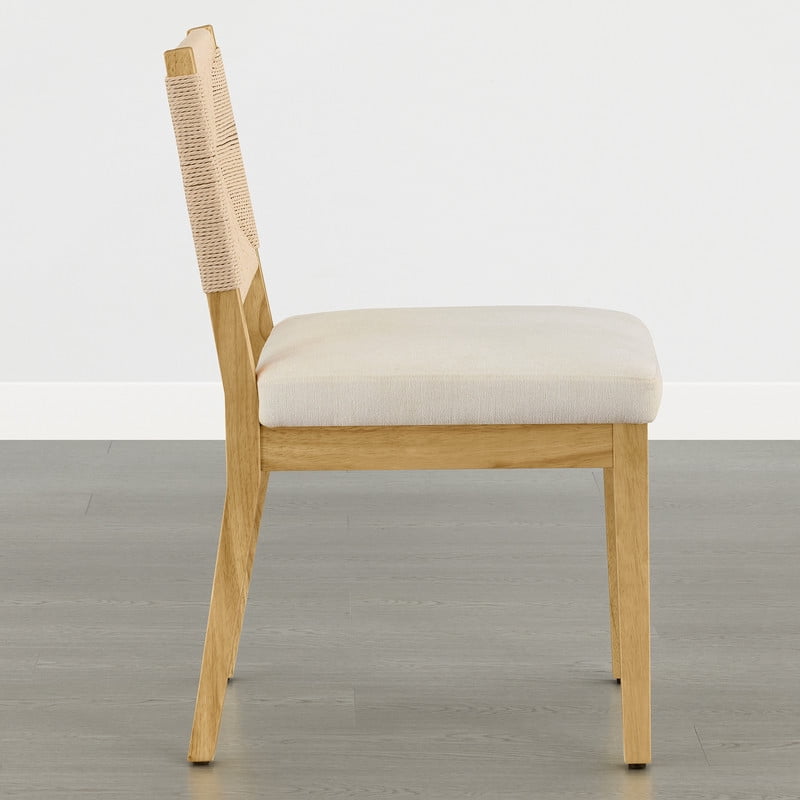 Spruce & Spring Boho Upholstered Dining Chairs Set of 2 with Handwoven Paper Rope Back for Dining Room or Kitchen, Cream Fabric, Natural