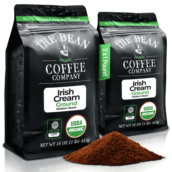 The Bean Organic Coffee Company Irish Cream, Medium Roast, Ground Coffee, 16-Ounce Bags (Pack of 2)