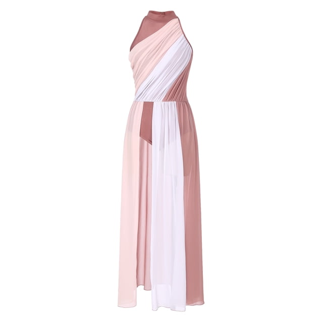 ranrann Women Lyrical Dance Dress Halter Neck Ruched Split Hem Color Block Flowy Maxi Dress for Performance DustyPink XL