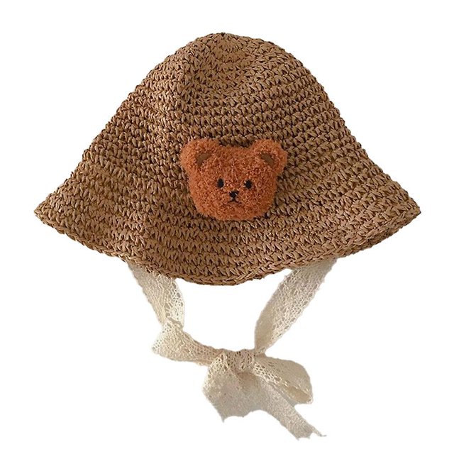 style4 Sombrero para niños, sombrero de paja para bebé con encaje de oso bonito, sombrilla de verano, sombrero de pescador infantil