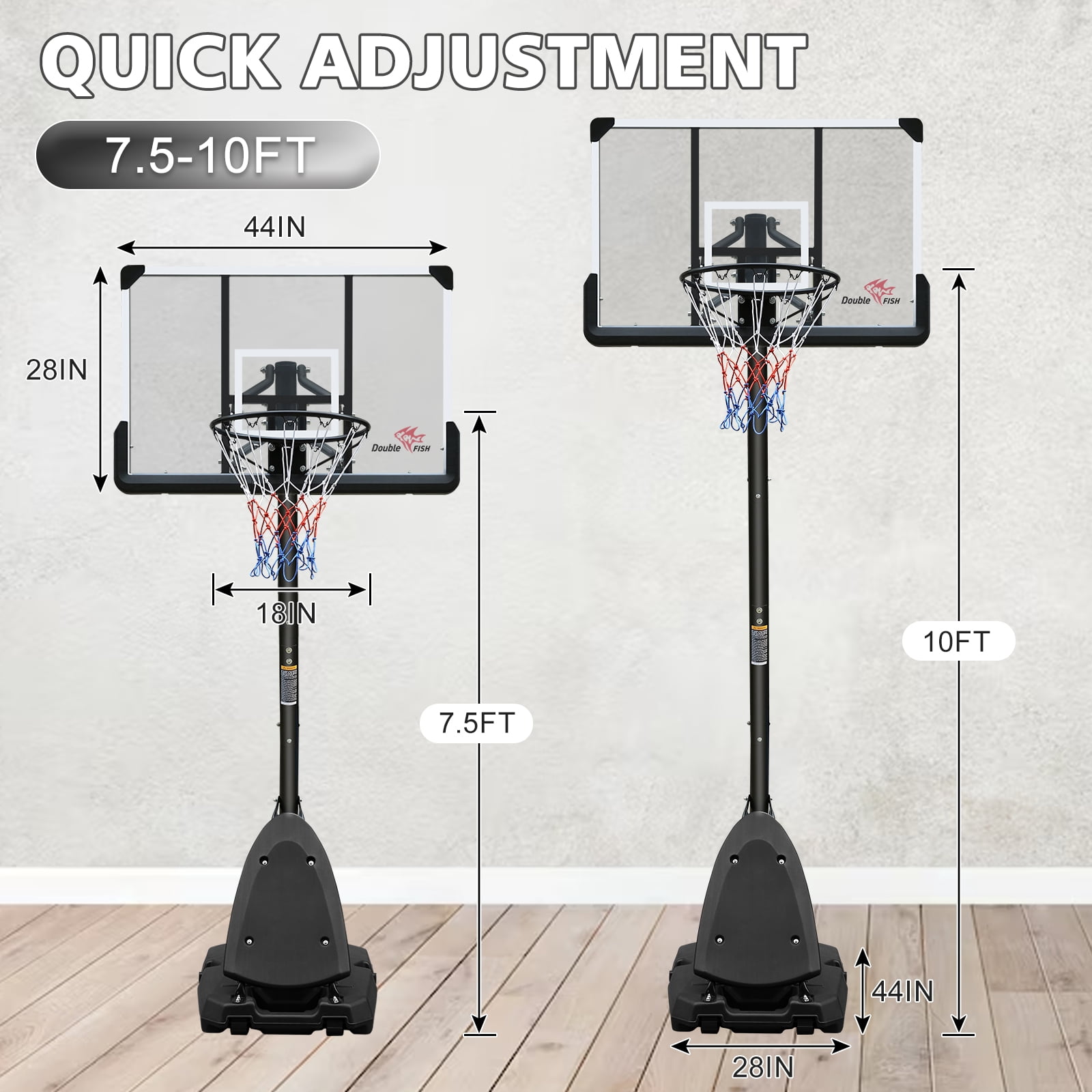 E-Western Outdoor Height Adjustable 7.5 to 10 ft Basketball Hoop with 44 Inch Backboard, Portable System with Stable Base and Wheels