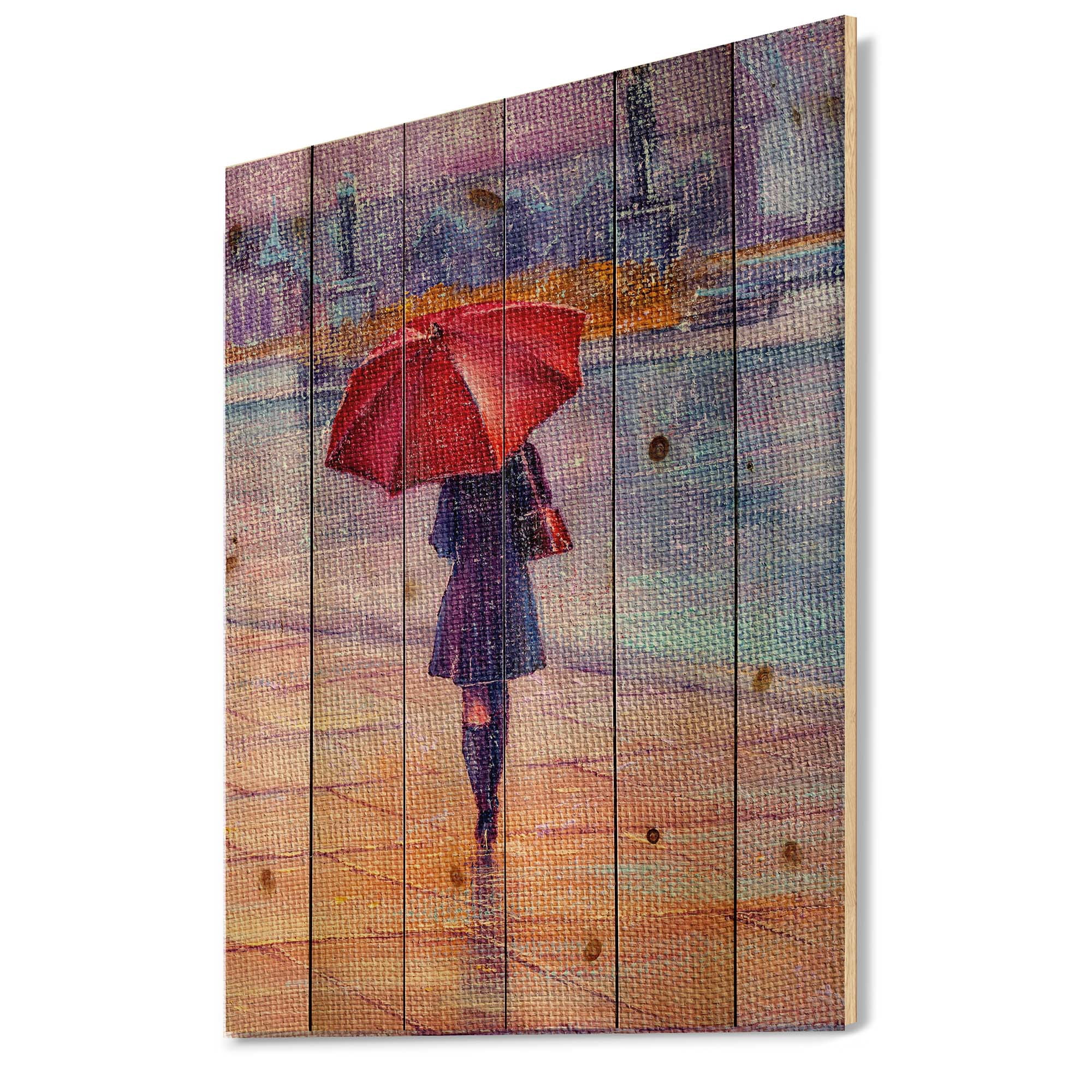 Designart 'Girl Walking With Red Umbrella Under The Rain' French Country Print on Natural Pine Wood