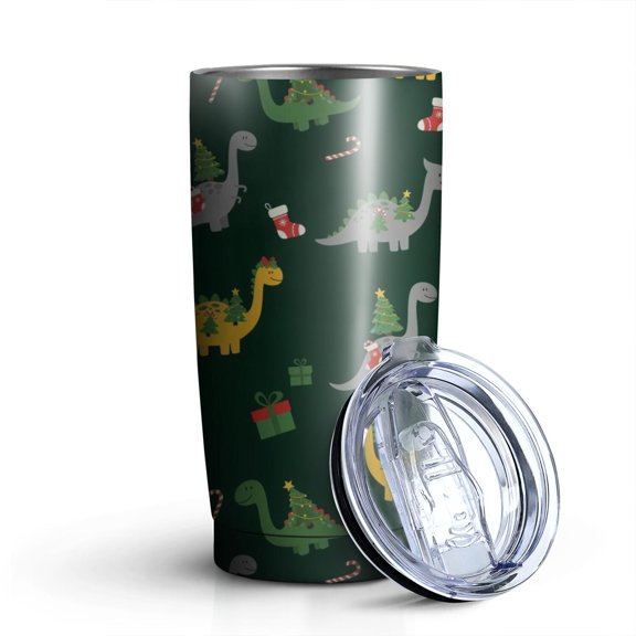 20oz Tumblers Dark Green Dinosaurs Christmas Pattern Stainless Steel Vacuum Insulated Double Wall Travel Tumbler Cups Mug with Lid and Straw,Cleaning Brush for Cold & Hot Drinks