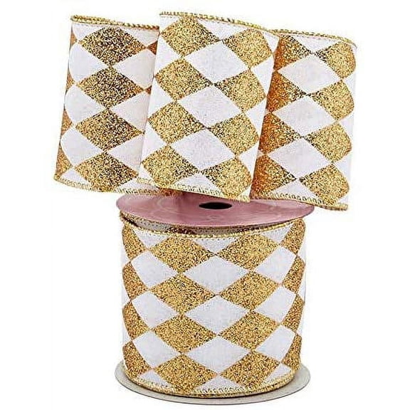 Gold White Diamonds Harlequin Ribbon - 4" x 10 Yards, St. Patrick's Day, St. Paddy's Day, Gift Wrapping, Wreaths, Bows, Present