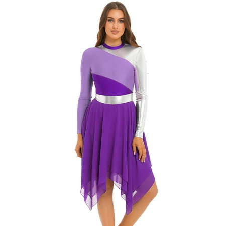 Jhaoyu Women s Metallic Color Block Patchwork Leotard Dress Long Sleeve Irregular Hem Dresses Purple XXL