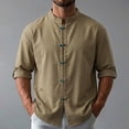 thumbnail image 2 of UVEASISHA Linen Shirts for Men Roll Up Long Sleeve Beach Shirt Stand Collar Casual Chinese Frog Button Shirts Solid Color Vacation Wear Army Green L, 2 of 8