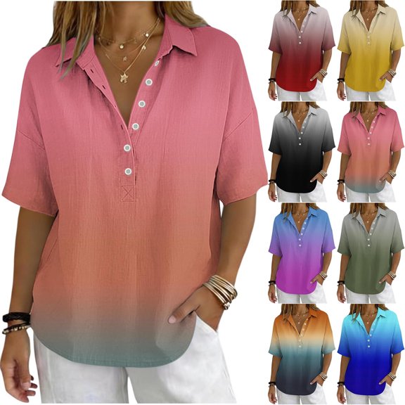 Favoffer Women's Linen Blouse Turtleneck Short Sleeve Solid Color Button Snap V Neck Daily Office Streetwear Fashion Casual Shirt