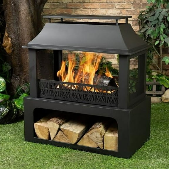 36" Rectangular Steel Outdoor Wood Burning Fireplace - Outdoor Fireplace with Adjustable Cooking Grill & Log Storage Compartment - Camping Fire Place with Safety Screen and Poker$$Garden & Patio