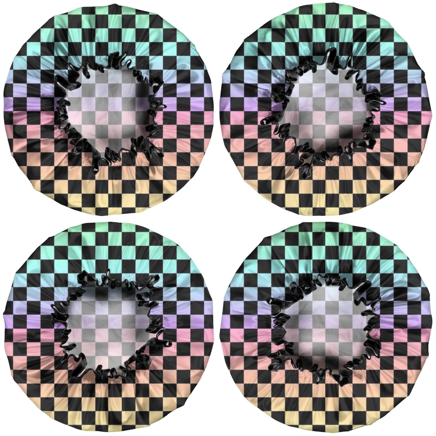 Shower Caps,Gradient Color Checkered Pattern Waterproof Shower Cap for Women 4 Pieces,Double Reusable Hair Cover for Shower PEVA Elastic Stretch Hem