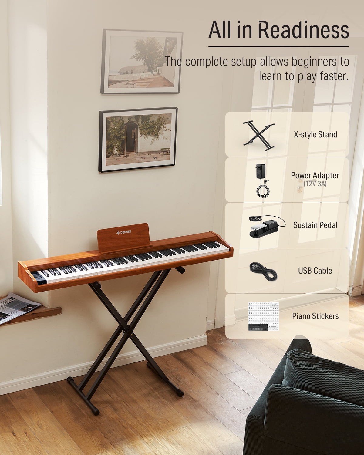Donner DEP-1S Velocity-sensitive 88 Keyboard Digital Piano with stand, 128 tones, 100 Rhythms, 88 Demo, with Headphone, USB-MIDI, Sustain Pedal, Connect to Apps