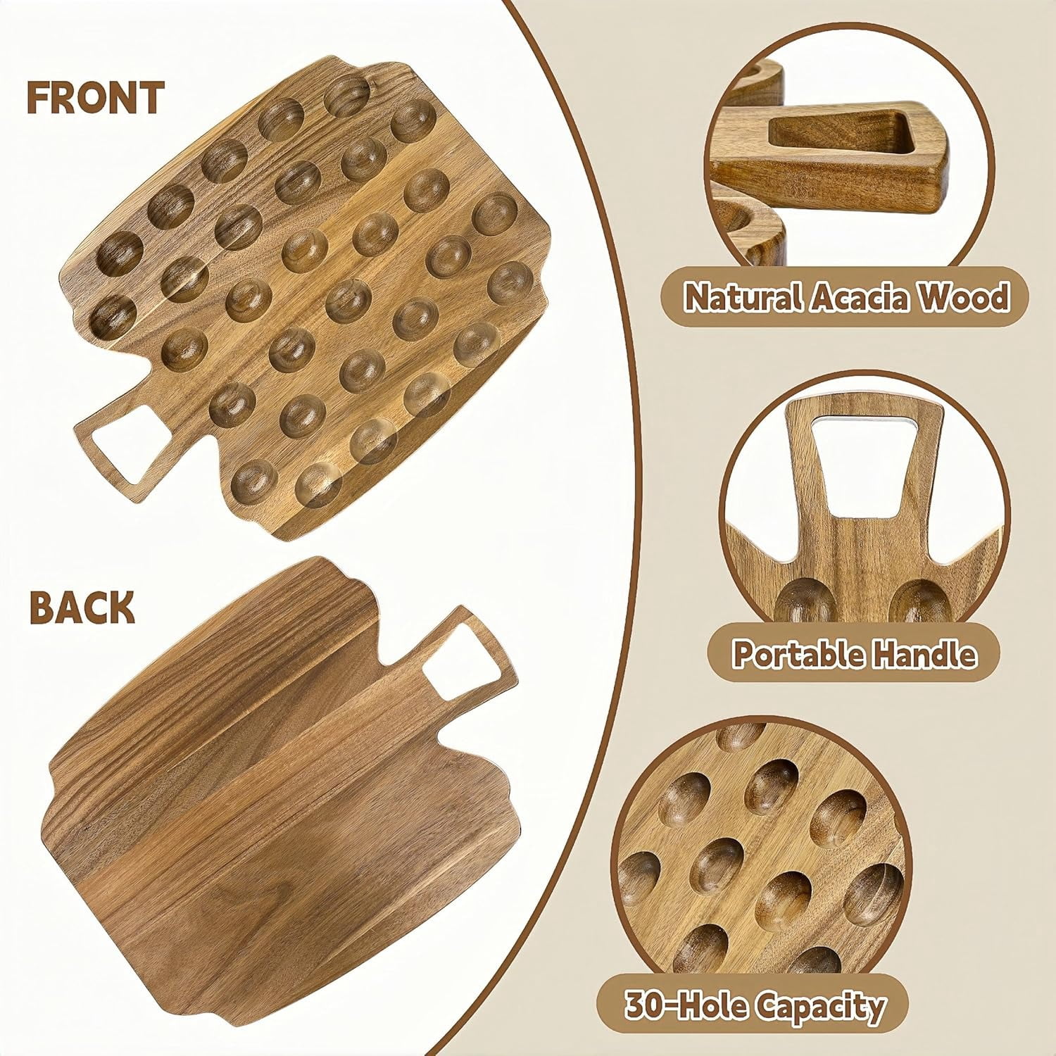 30 Holes Acacia Wood Deviled Egg Platter, Deviled Egg Tray Holder with Handle, Reversible Apple-Shaped Cheese Board, Serving Tray Carrier for Kitchen , Easter, 13 x